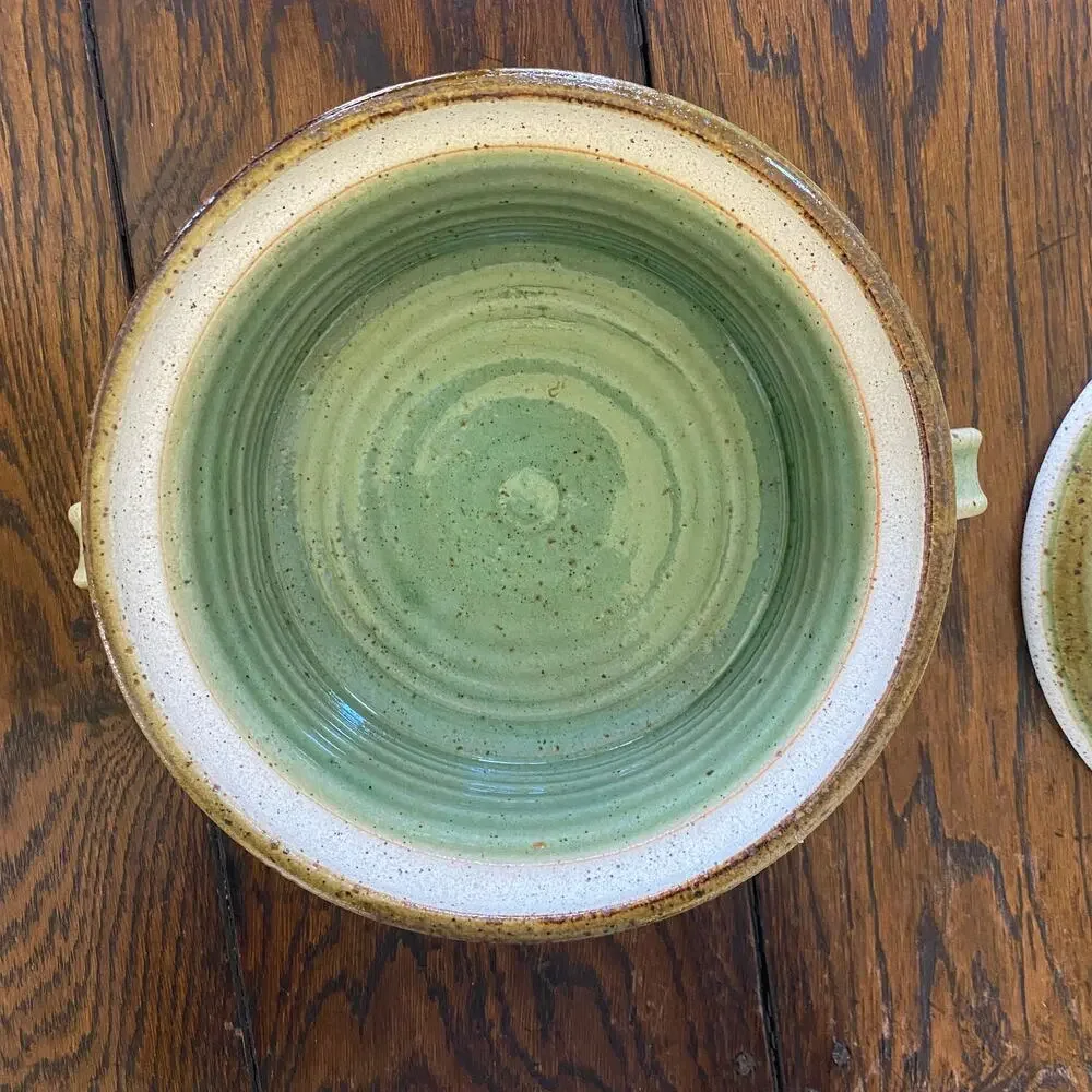 Signed Studio Pottery Green Casserole w Lid 8.5” Diameter